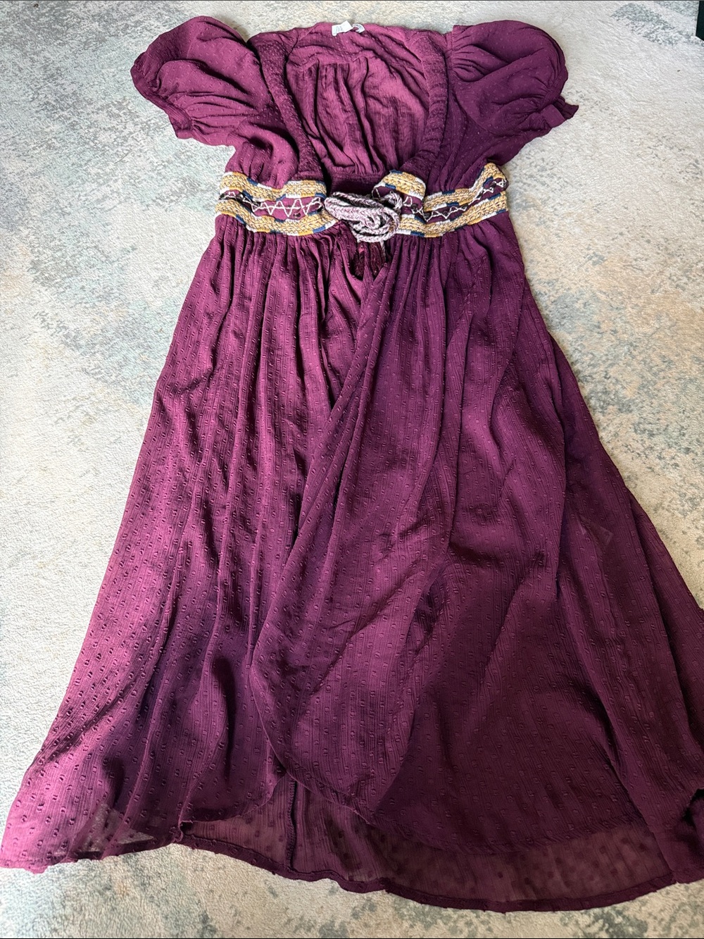 Patrons of Peace Maroon Swiss Dot Embroidered V-Neck Wrap Dress Size L Boho